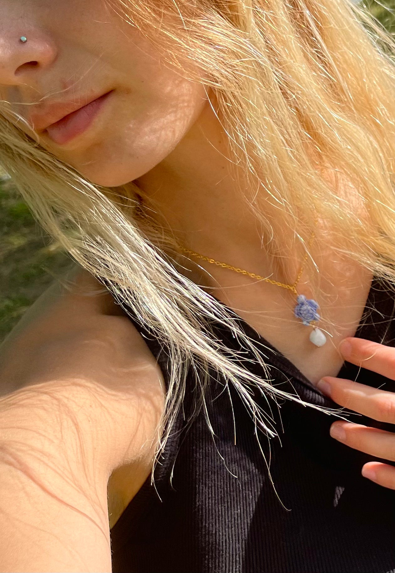 Aquamarine/ Turtle Charm Necklace
