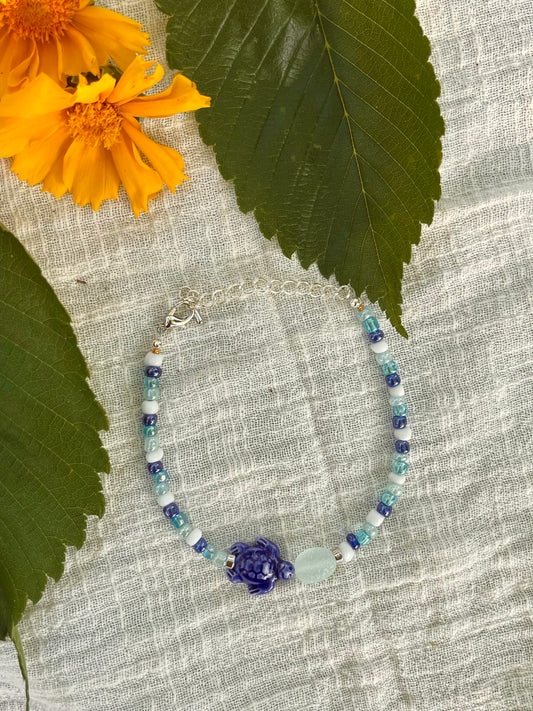 Blue Sea Glass Turtle Anklet