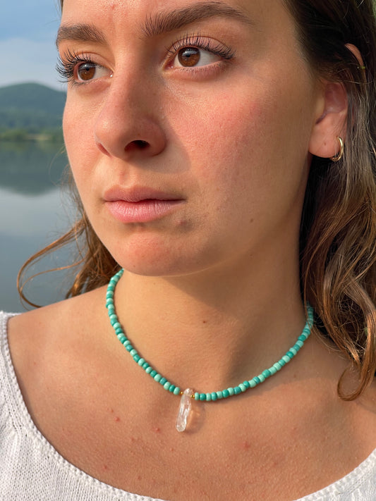 Blue Beaded Crystal Pendant Necklace