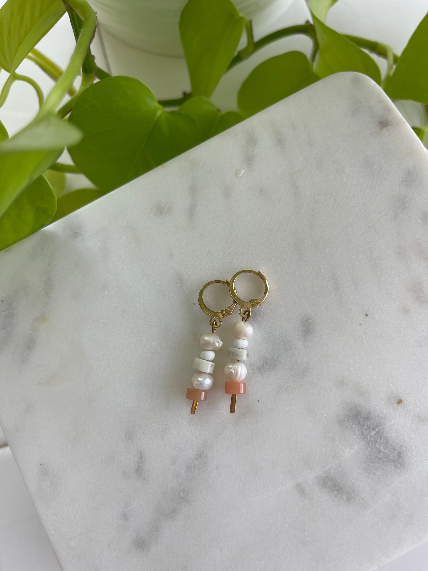 Sunstone, Amazonite Heishi, and Freshwater Pearl Earrings