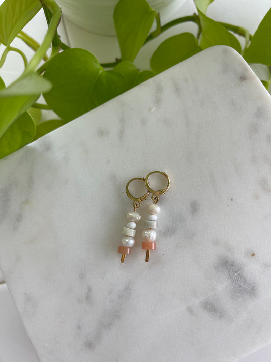 Sunstone, Amazonite Heishi, and Freshwater Pearl Earrings